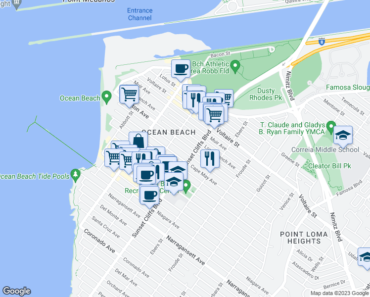 map of restaurants, bars, coffee shops, grocery stores, and more near 4844 Cape May Avenue in San Diego
