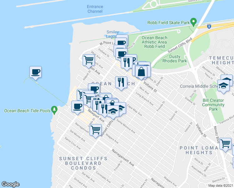 map of restaurants, bars, coffee shops, grocery stores, and more near 4844 Cape May Avenue in San Diego