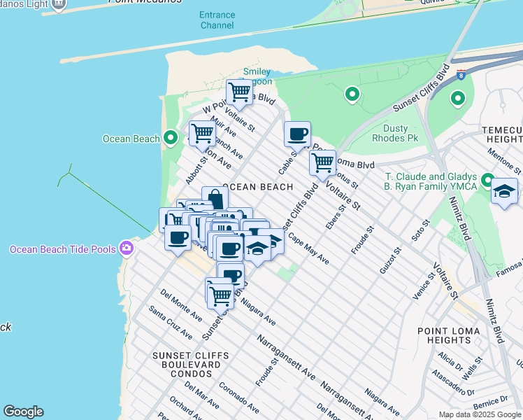 map of restaurants, bars, coffee shops, grocery stores, and more near 2030 Cable Street in San Diego