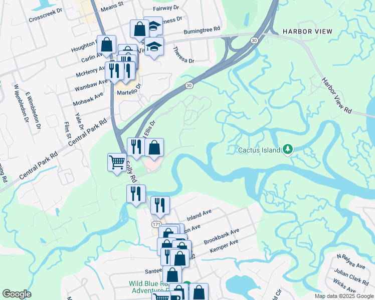 map of restaurants, bars, coffee shops, grocery stores, and more near 692 Ellis Oak Avenue in Charleston