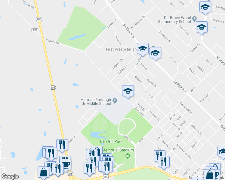 map of restaurants, bars, coffee shops, grocery stores, and more near 1451 Colquitt Road in Terrell
