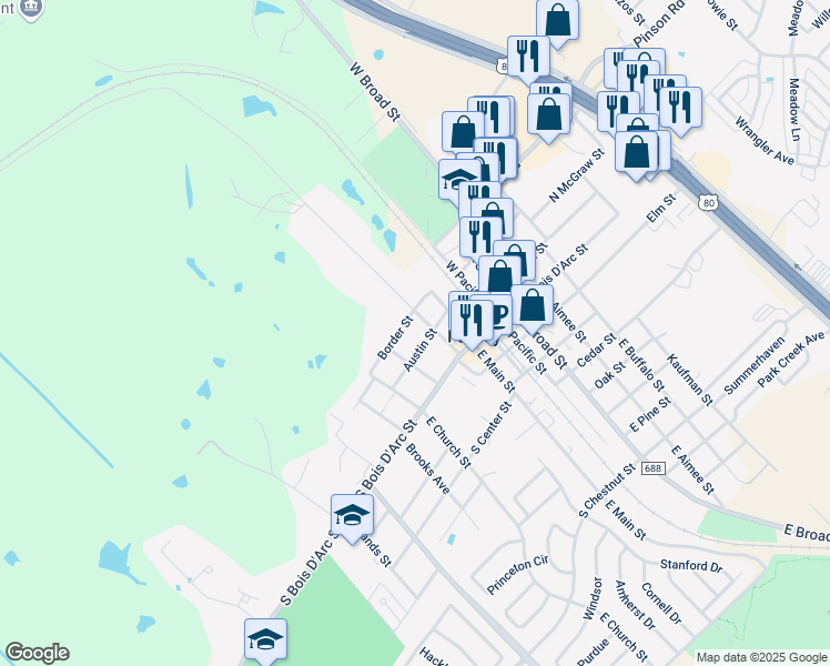map of restaurants, bars, coffee shops, grocery stores, and more near 306 Austin Street in Forney