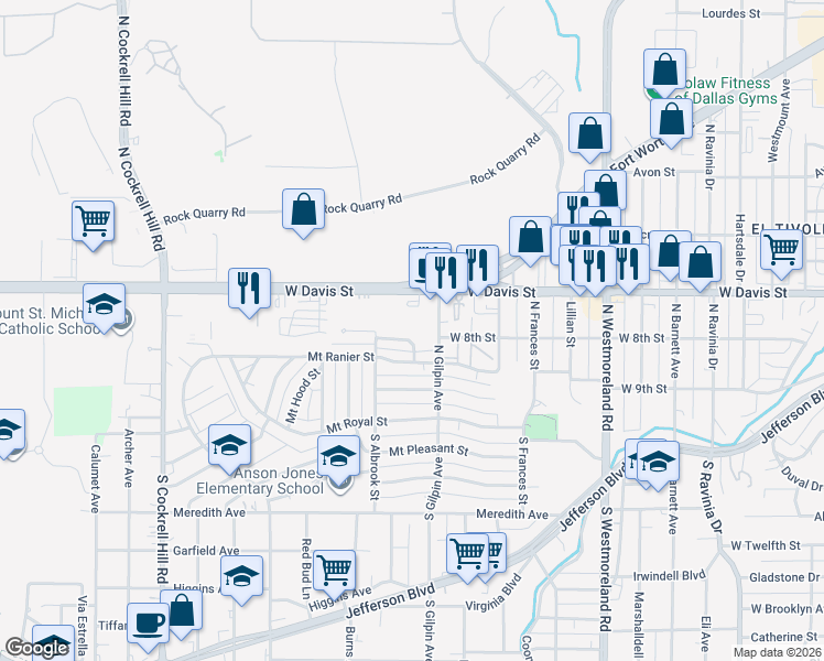 map of restaurants, bars, coffee shops, grocery stores, and more near 3828 Dismount Street in Dallas