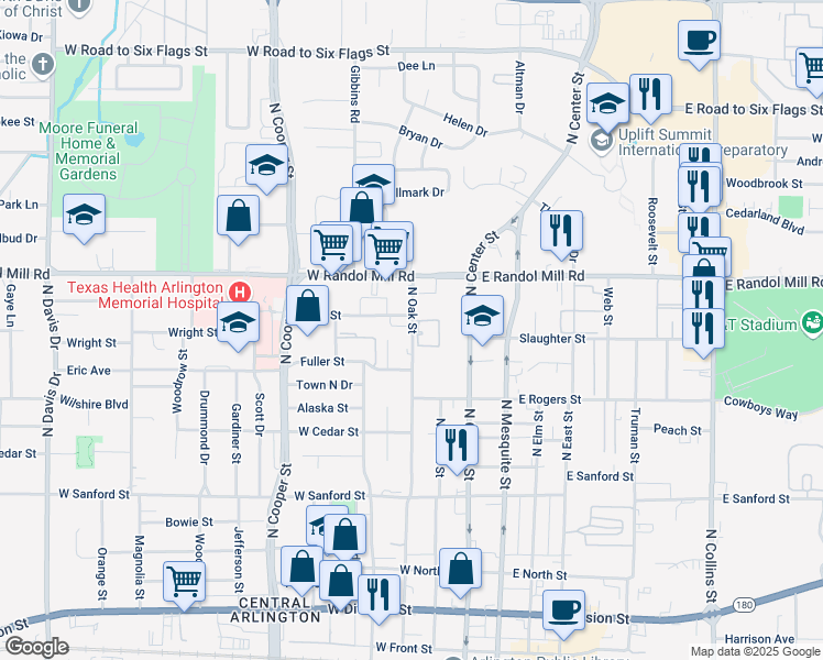 map of restaurants, bars, coffee shops, grocery stores, and more near 905 Terrell Circle in Arlington