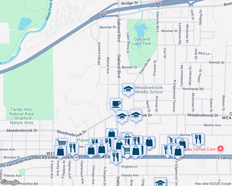 map of restaurants, bars, coffee shops, grocery stores, and more near 2001 Oakland Boulevard in Fort Worth
