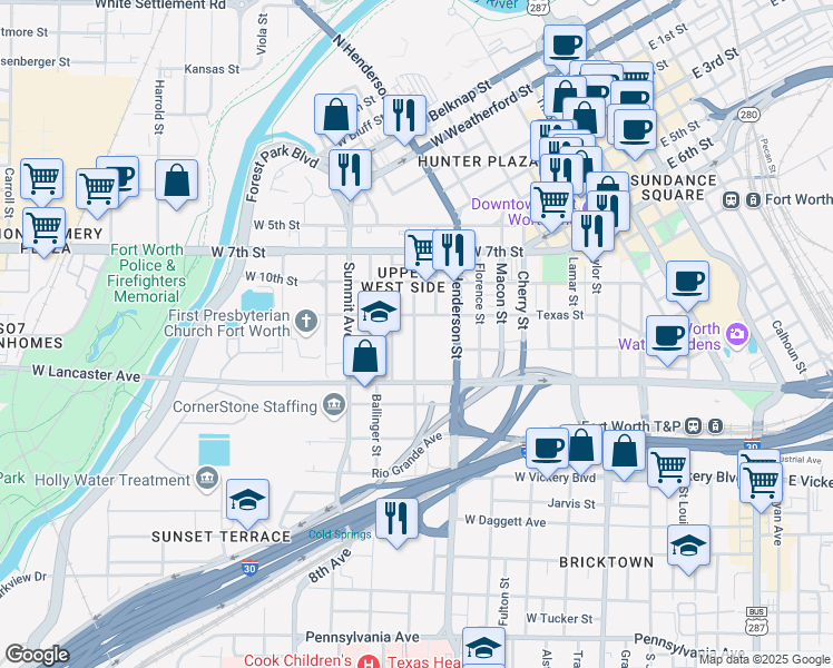 map of restaurants, bars, coffee shops, grocery stores, and more near 1011 Texas Street in Fort Worth