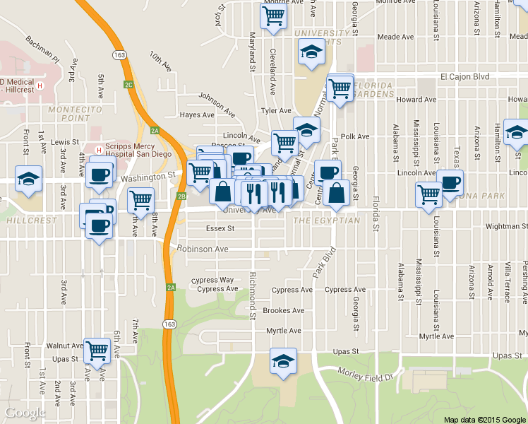 map of restaurants, bars, coffee shops, grocery stores, and more near 1425 University Avenue in San Diego