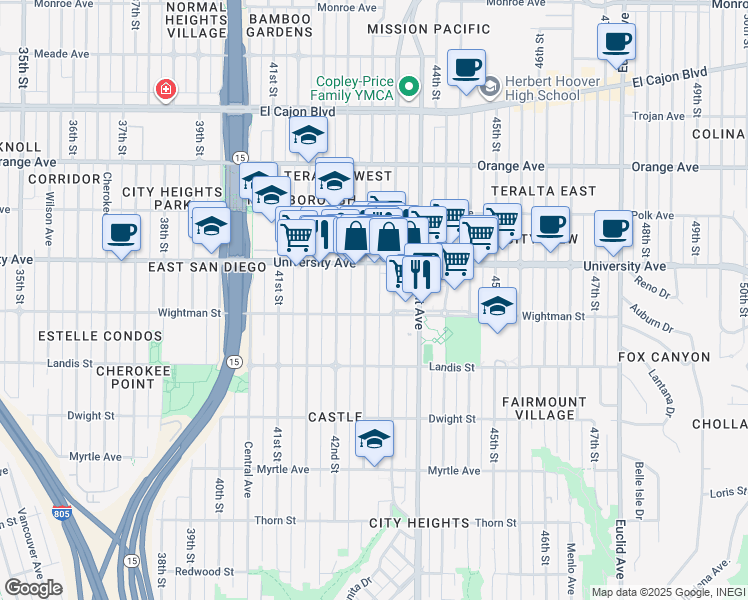 map of restaurants, bars, coffee shops, grocery stores, and more near 4238-40 Wightman Street in San Diego