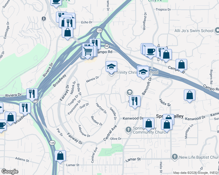 map of restaurants, bars, coffee shops, grocery stores, and more near 3745 Fenwick Drive in Spring Valley