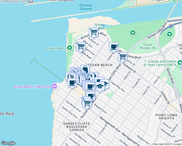 map of restaurants, bars, coffee shops, grocery stores, and more near 4954 Saratoga Avenue in San Diego