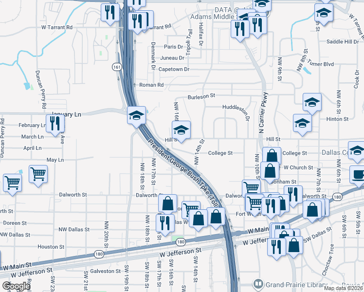 map of restaurants, bars, coffee shops, grocery stores, and more near 1502 College Street in Grand Prairie