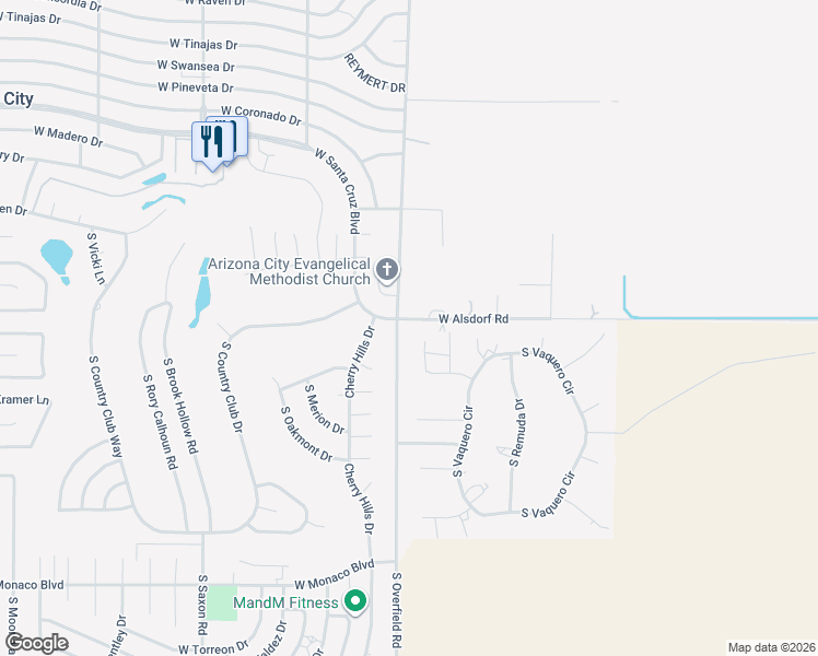 map of restaurants, bars, coffee shops, grocery stores, and more near 8005 West Caballero Circle in Arizona City