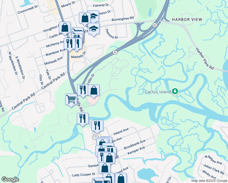 map of restaurants, bars, coffee shops, grocery stores, and more near 692 Ellis Oak Avenue in Charleston