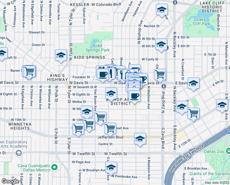 map of restaurants, bars, coffee shops, grocery stores, and more near 521 West Eighth Street in Dallas