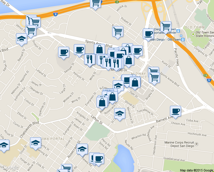 map of restaurants, bars, coffee shops, grocery stores, and more near 3104 North Evergreen Street in San Diego