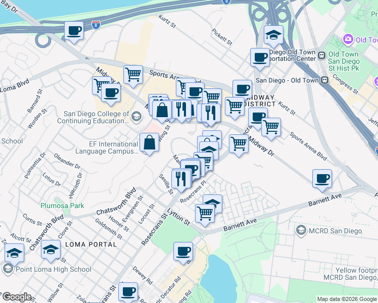 map of restaurants, bars, coffee shops, grocery stores, and more near 3104 North Evergreen Street in San Diego