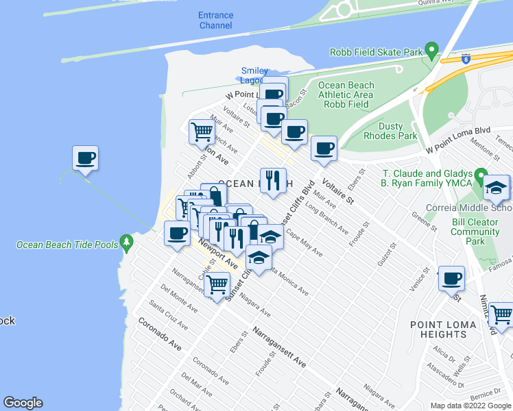 map of restaurants, bars, coffee shops, grocery stores, and more near 4886 Cape May Avenue in San Diego