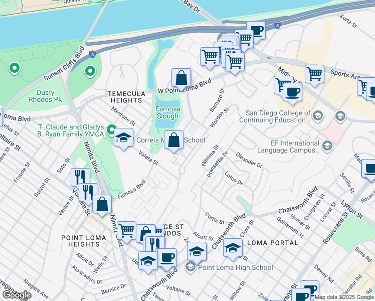 map of restaurants, bars, coffee shops, grocery stores, and more near 2654 Worden Street in San Diego