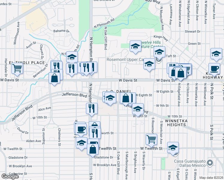 map of restaurants, bars, coffee shops, grocery stores, and more near 406 North Montreal Avenue in Dallas