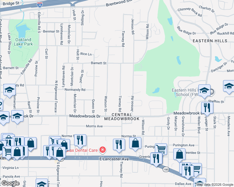 map of restaurants, bars, coffee shops, grocery stores, and more near 2201 Tierney Road in Fort Worth
