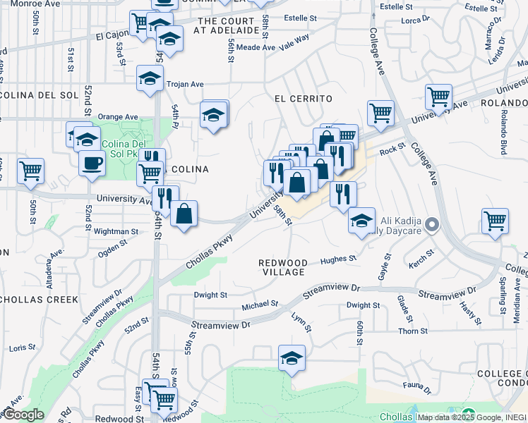 map of restaurants, bars, coffee shops, grocery stores, and more near 5757 University Avenue in San Diego