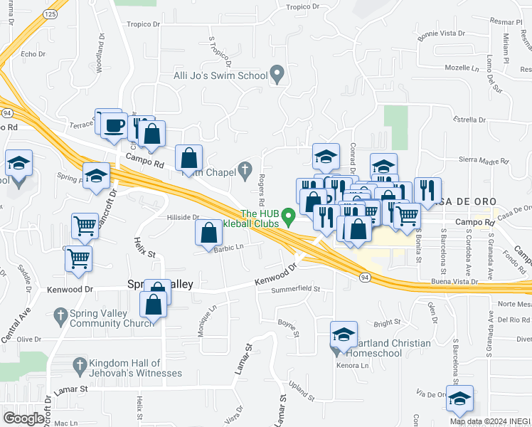 map of restaurants, bars, coffee shops, grocery stores, and more near 3803 Rogers Road in Spring Valley