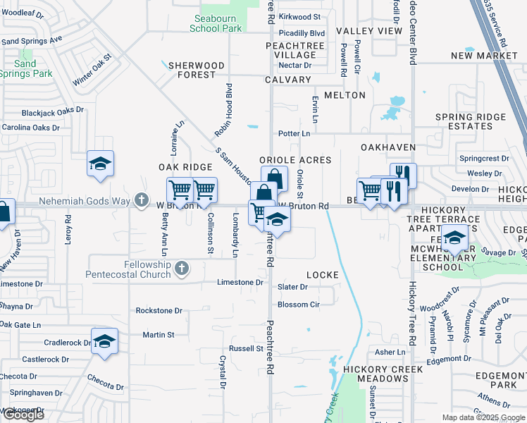 map of restaurants, bars, coffee shops, grocery stores, and more near 2200 West Bruton Road in Mesquite
