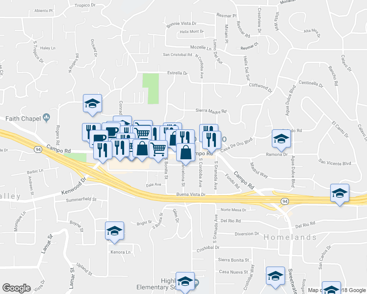 map of restaurants, bars, coffee shops, grocery stores, and more near Barcelona Street in Spring Valley