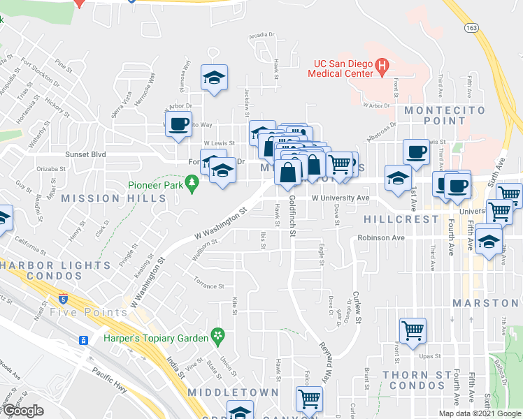 map of restaurants, bars, coffee shops, grocery stores, and more near Ibis St & Ibis Ct in San Diego