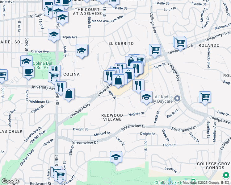 map of restaurants, bars, coffee shops, grocery stores, and more near 5821 University Avenue in San Diego