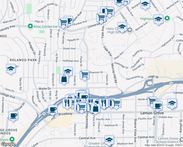 map of restaurants, bars, coffee shops, grocery stores, and more near 3892 Bass Street in La Mesa