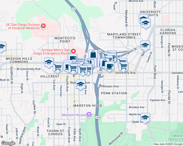 map of restaurants, bars, coffee shops, grocery stores, and more near University Avenue & 8th Avenue in San Diego