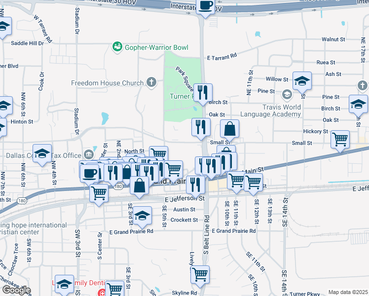 map of restaurants, bars, coffee shops, grocery stores, and more near 615 Small Hill Drive in Grand Prairie