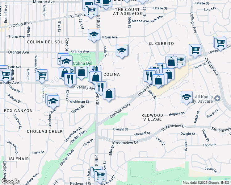 map of restaurants, bars, coffee shops, grocery stores, and more near 5538 University Avenue in San Diego