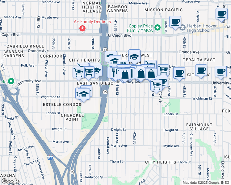 map of restaurants, bars, coffee shops, grocery stores, and more near 4122 Wightman Street in San Diego