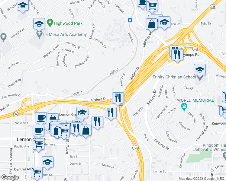 map of restaurants, bars, coffee shops, grocery stores, and more near 3804 American Avenue in La Mesa
