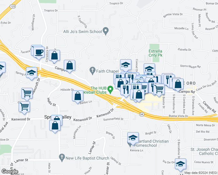 map of restaurants, bars, coffee shops, grocery stores, and more near 9564 Campo Road in Spring Valley