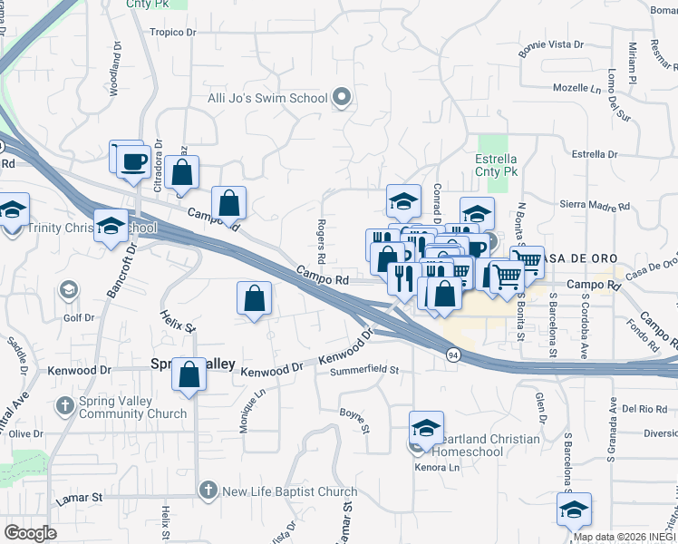 map of restaurants, bars, coffee shops, grocery stores, and more near 3803 Rogers Road in Spring Valley