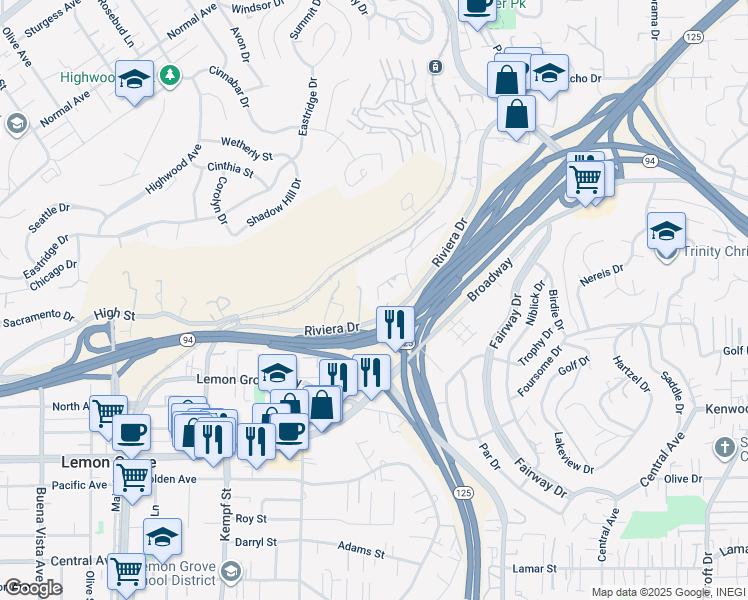 map of restaurants, bars, coffee shops, grocery stores, and more near 3810 American Avenue in La Mesa