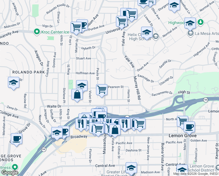map of restaurants, bars, coffee shops, grocery stores, and more near 3880 Bass Street in La Mesa