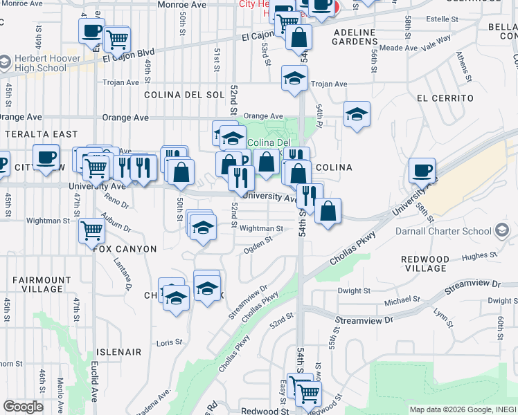 map of restaurants, bars, coffee shops, grocery stores, and more near 5247 Rex Avenue in San Diego