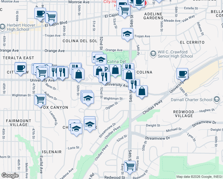 map of restaurants, bars, coffee shops, grocery stores, and more near 5247 Rex Avenue in San Diego