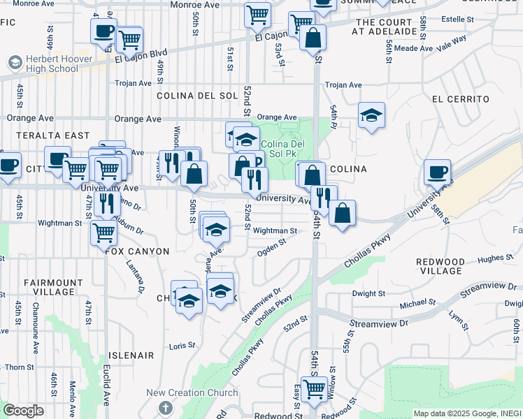 map of restaurants, bars, coffee shops, grocery stores, and more near 5247 Rex Avenue in San Diego