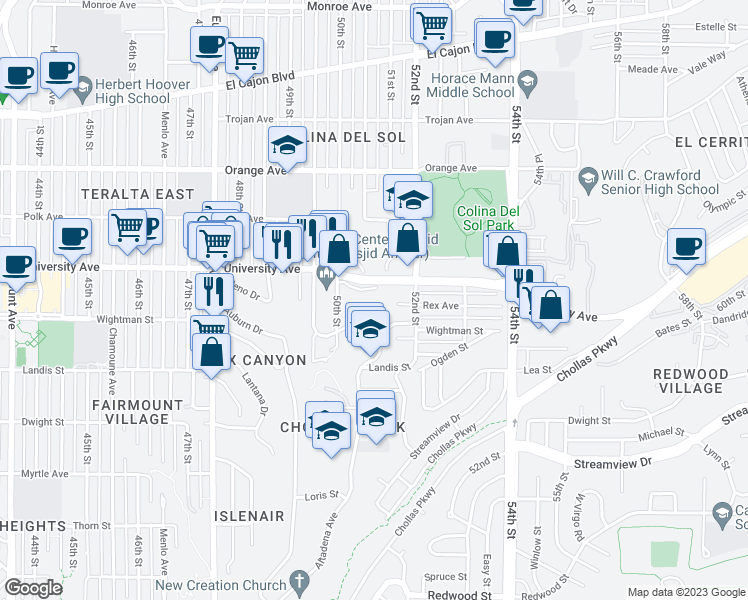 map of restaurants, bars, coffee shops, grocery stores, and more near 5048 Wightman Street in San Diego