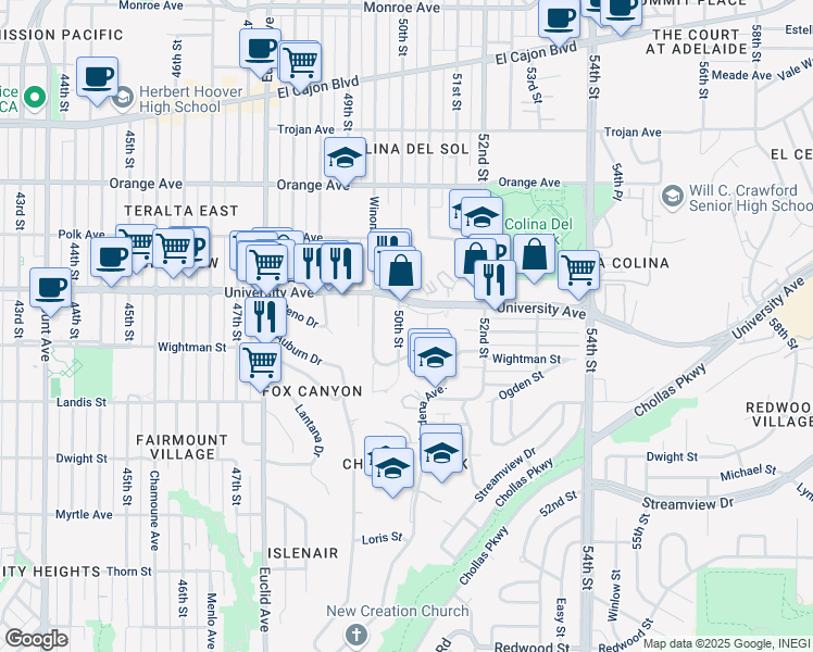 map of restaurants, bars, coffee shops, grocery stores, and more near 3833 50th Street in San Diego