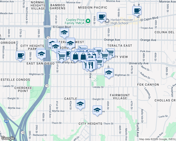 map of restaurants, bars, coffee shops, grocery stores, and more near 134 Wightman Street in San Diego