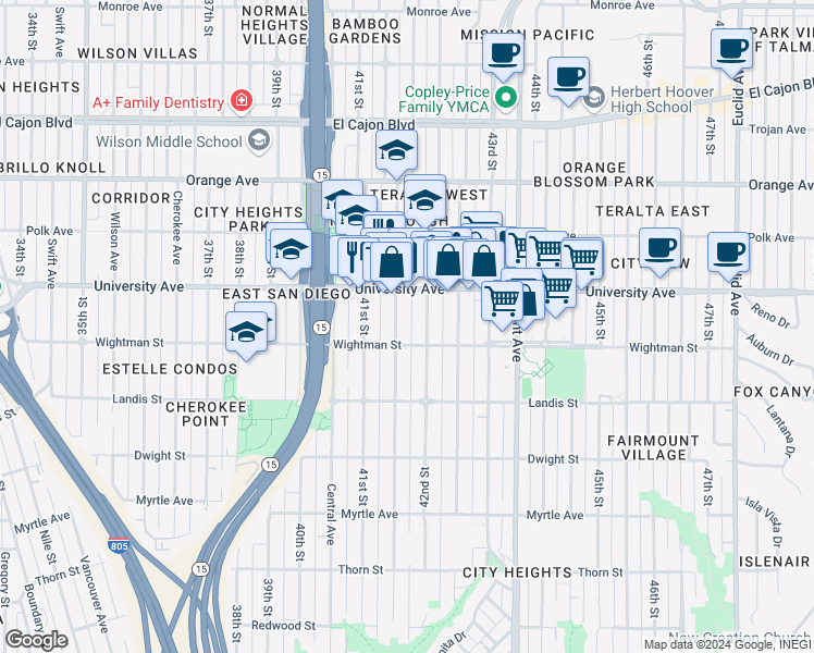 map of restaurants, bars, coffee shops, grocery stores, and more near 4178 Wightman Street in San Diego