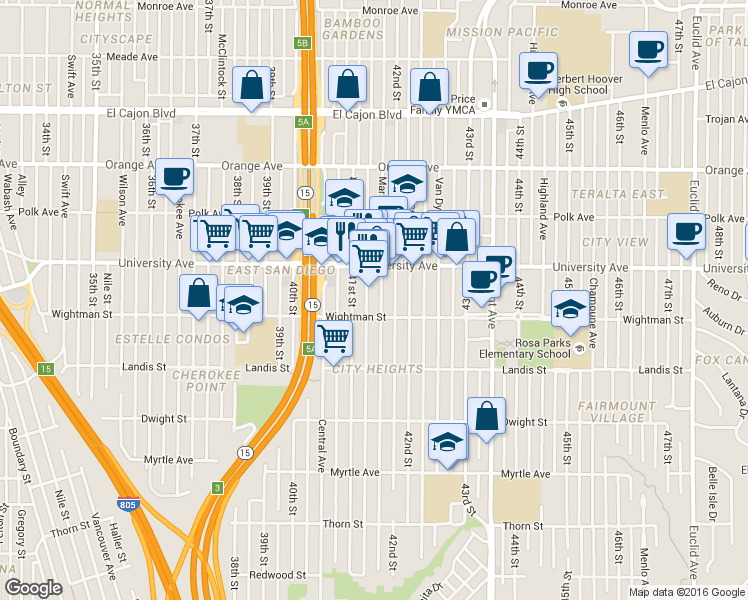 map of restaurants, bars, coffee shops, grocery stores, and more near 4122 Wightman Street in San Diego