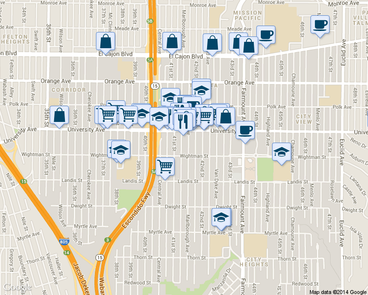 map of restaurants, bars, coffee shops, grocery stores, and more near 4122 Wightman Street in San Diego