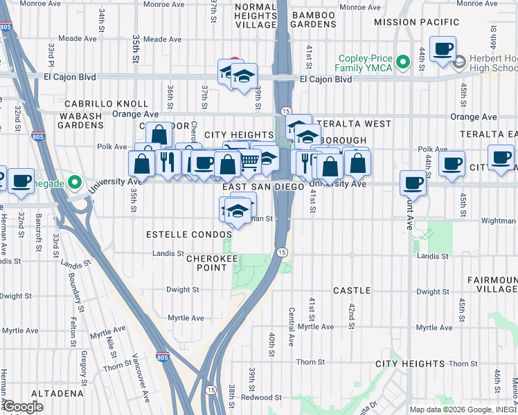map of restaurants, bars, coffee shops, grocery stores, and more near 3804 39th Street in San Diego